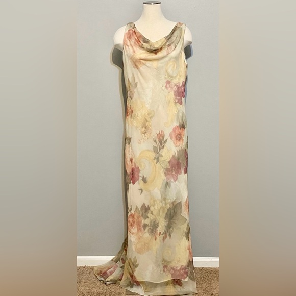Vintage Jeffery & Dara Evening by Tom Barra Long Elegant Cream Floral Maxi Sz 16 - Picture 3 of 9